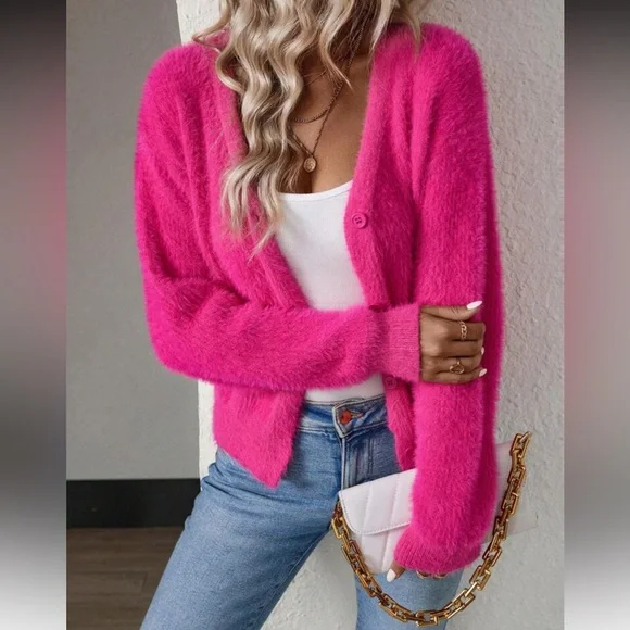 Women's Fuzzy Watermelon Pink Cardigan Sweater